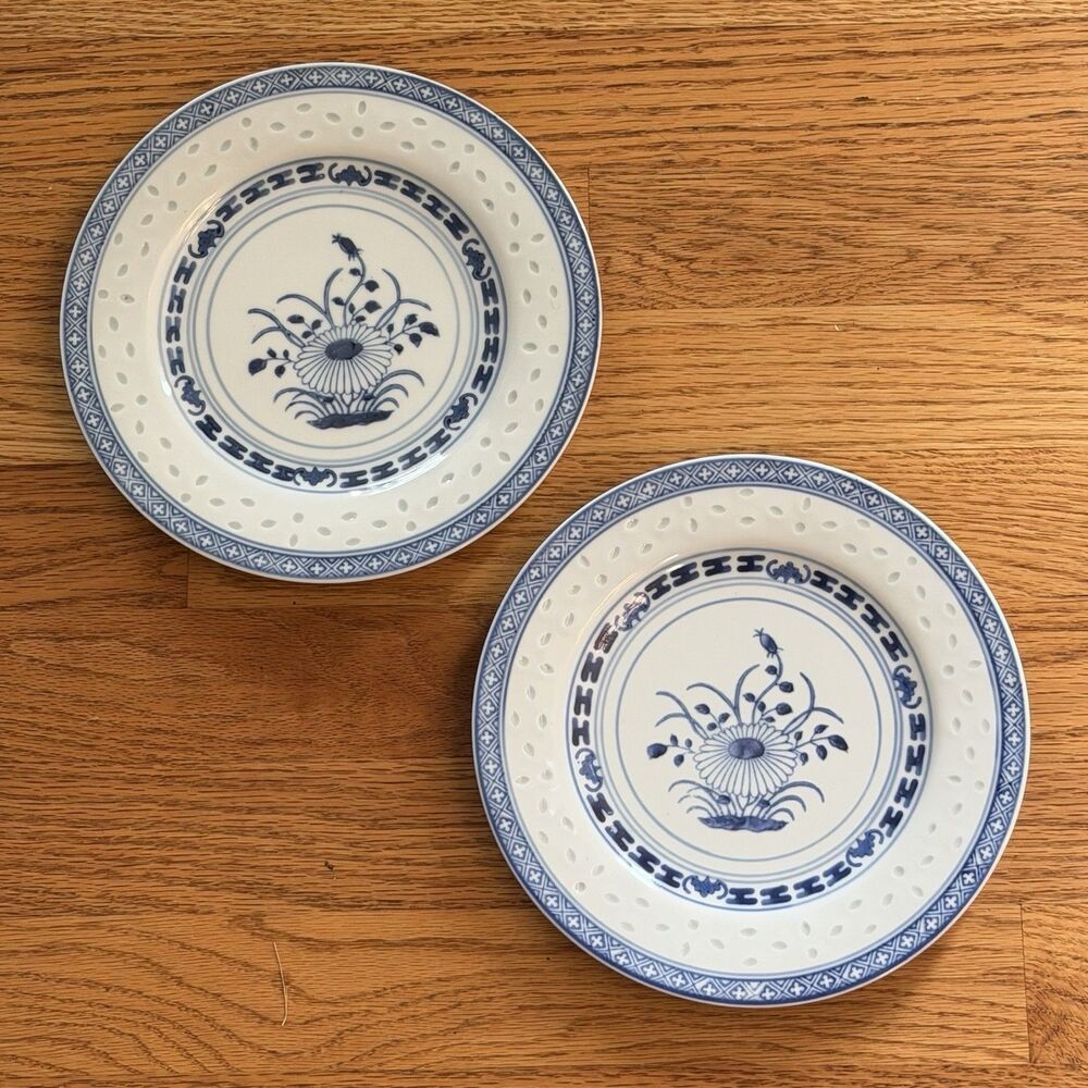 Lot of 2 Tienshan Rice Grain 8” Salad Plates Floral China~Chrysanthemum